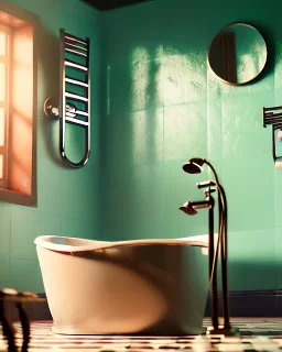 Bathroom scene, big hair monster into bath, Wes Anderson style, realistic photo, realistic image, concept art, smooth, unreal engine 5, god lights, ray tracing, RTX, lumen lighting, ultra detail, volumetric lighting, 3d.