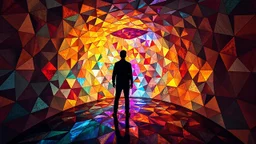 Person in an interior space designed with aperiodic tessellation art in deep colors
