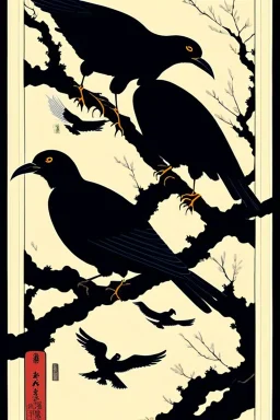  a group of crows that are on top of each other, a poster by Nōami, ukiyo-e, anime aesthetic, minimalist.