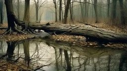 Paint of A fallen tree trunk spans a calm body of water in a forest clearing. The tree is bare of leaves, its branches reaching out over the water. The water reflects the bare trees and the overcast sky. A path winds through the trees on the right side of the image. The overall mood is somber and quiet, with muted colors and soft lighting.