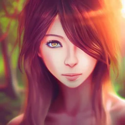 Insanely portrait of beautiful girl, beautiful face, sunny, relaxing, sea, trees, real details, hyper photo realistic, anime style, glowing forest, 8k