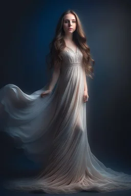 ethereal, ethereal dress, goddess, beautiful woman, dreamy, long wavy hair, big eyes, sophisticated,, hyper realistic, hyperrealism, photoreal, realistic, photorealistic, soft pastels, full-body, standing, long shot, wide angle