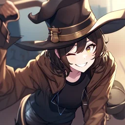 Clear focus, High resolution, short brown spiky hair, hair between eyes, eyes closed, wearing a brown detective hat, wearing a brown jacket and a black shirt, wearing black shorts, 1girl, pulling hat down, smiling, wearing a oversized jacket