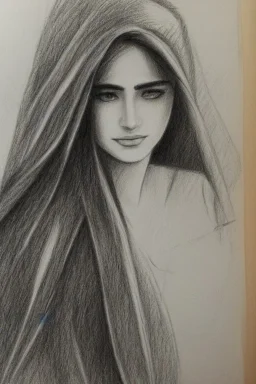 Pencil sketch of Young woman look through the window , Arab features,sad, long wavy hair, full body، on lined paper