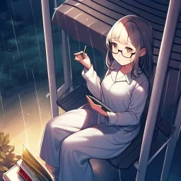 anime girl sitting on a porch swing of an old house, journaling, wearing pajamas, writing in a book, shes watching it rain, more detail on hands and her face,shes deep in her thoughts, wearing glasses, rain drops, she has a pencil in her hand and is writning in the book, she is looking down at what she is writing, lightning, she is writing something in a book, eyes are pointed down