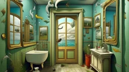 Bathroom with someone, whose walls, ceilings, floors, windows, doors, and furniture are inspired by the theme: Surrealism by Salvador Dalí.