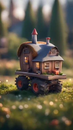 tractor with a small house on top that has the shape of a mushroom,bokeh like f/0.8, tilt-shift lens 8k, high detail, smooth render, down-light, unreal engine, prize winning