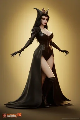 Amy Dumas as evil queen in black leather gown, evil, busty, cleavage, curvy, angry, stern look. character design by cory loftis, fenghua zhong, ryohei hase, ismail inceoglu and ruan jia. unreal engine 5, artistic lighting, highly detailed, photorealistic, fantasy