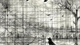 a black and white drawing of a frosty, winter sunrise in a liminal space, inside out, neo-expressionism, grid montage, ink on parchment, cat and birds, the american gothic painting, 20th century, outstanding detail,