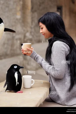 young black hair woman talk to a penguin in coffee-shop