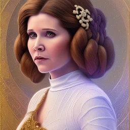 hyperspace background, complete and photo realistic detailed head to waist stunning photo realistic portrait of carrie fisher as Princess Leia in star wars with photo realistic updo hair by Mandy Jurgens and mucha and Richard Schmid and chuck close and chie yoshii, extraordinary and detailed ceremony dress of star wars,brown eyes