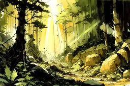 beams of sunlight lily growing in comforting forest den in the light of morning, create in inkwash and watercolor, All nature rocks trees skies sea, landscape of in the comic book art style of Mike Mignola, Bill Sienkiewicz and Jean Giraud Moebius, highly detailed, grainy, gritty textures, dramatic natural lighting