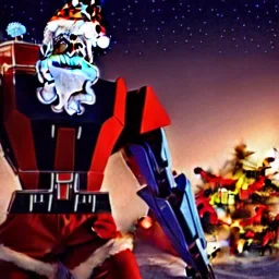 merry christmas, Transformers, Megatron dressed as Santa with Rudolph, cyberpunk, landscape, transformers, hi-tech robots, cinematic, highly detailed, close up, 4k, deep colors, gold, fire, red, purple, dark, ethereal, utopia, apocalypse,