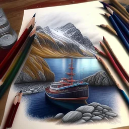 Colored pencil drawing. Norwegian lancscape. Realistic, professional.