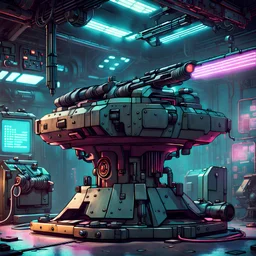 machine gun turret in a repair station, cyberpunk style