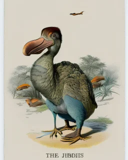 John James Audubon-like illustration of a fully uncropped Dodo bird and a Platypus in a landscape of warm yellows, warm reds, and warm blues