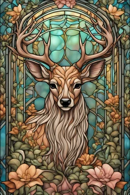 stained glass window design of an overwhelmingly beautiful deer framed with vector flowers, long shiny, wavy flowing hair, polished, ultra-detailed vector floral illustration mixed with hyper realism, muted pastel colours, vector floral details in the background, muted colours, hyper-detailed ultra intricate overwhelming realism in a detailed complex scene with magical fantasy atmosphere, no signature, no watermark