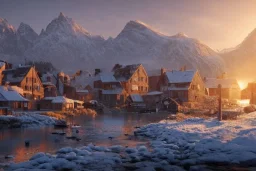 highly detailed small village scene in skelig harbor, sunrise, illustration, background snowy mountains, cinematic lighting, 4k, 8k, octane render, digital concept art, trending on artstation, pinterest, extremely detailed, ambient lighting.