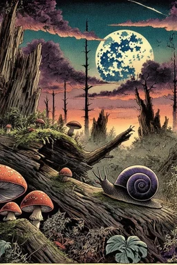 twilight scene in manga style illustration Modifiers: Albrecht Dürer junji ito Epic woodblock print rule of thirds Odilon Redon Otherworldly alcohol ink Tsutomu Nihei Mushrooms vivid color stippling void Hatching snail sharp contrast sharp edge Art by Leah Analog Horror the styles of ancient masters like Utagawa Hiroshige, Katsushika Hokusai and Togaku Old growth forest scene decaying log, moss, ferns, spiderwebs, beetles and caterpillars