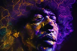 close-up Jimi Hendrix, kinetic lighting, dynamic light patterns, moving lights, immersive illumination, synchronized lighting, LED lighting, concert lighting, theatrical lighting, artistic lighting, dynamic lighting, light show, visual spectacle --ar 3:4 --niji 5