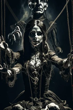 A dramatic digital mage of a woman seated on a table,facing to the front ,she is connected to string like a puppet, arms in air, moved by the strings, puppet like features in the face, beautiful face, behind her also facing the front is the puppet master,is a huge image of a man holding the strings, creepy gothic character,.zoomed in, dark and shadowy background with selective lighting on the woman, gothic and chaotic