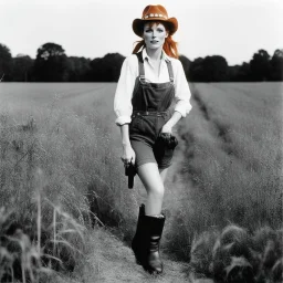 [photo by Helmut Newton] Grown up Pippi Longstocking: with a revealing overalls and cowboy boots in a field