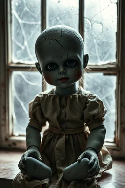 looking at the camera a high realistic porcelain doll, old, dirty with old dress, sitting on shelf, in background blur cracked window. The figure has cracked face and head, and big black eyes. High contrast, cinematic, thriller, dark, atmospheric. Surreal style , perfect composition, sharp focus, intricate details, crepy stunning