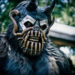 Close up of a Bigfoot wearing Bane mask, Christopher Nolan Film, Dystopian, Extreme depth of field, bokeh blur, Alberta, all-natural, in the style of candid, imperfection, natural lighting, Professional shot, shot on Agfa, Fuji Film, Anamorphic lens --ar 4:5 --w 150 --style raw