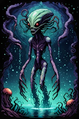 cosmic horror, nightmare, galaxy interwoven with dread, truth, alien underwater, fullbody, 8bits, pixel art,