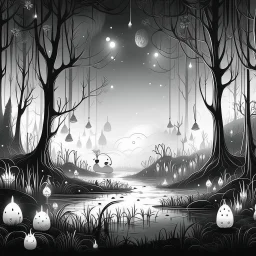 Make black and white cute drawing of a Will-o’-the-Wisp with black bold lines. Only outline, no grayscale. A group of glowing, floating lights in soft blues and greens, dancing over a foggy, enchanted swamp. Add a silhouette of a mysterious forest in the background to set the scene.