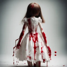 A girl's doll wearing a white dress with red blood bleeding from the back