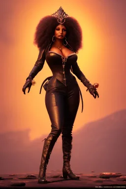 Pam Grier as evil queen in black leather, leather, busty, cleavage, angry, stern look. character design by cory loftis, fenghua zhong, ryohei hase, ismail inceoglu and ruan jia. unreal engine 5, artistic lighting, highly detailed, photorealistic, fantasy