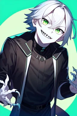 plauge doctor in balck leather clothes with silver hair, pale skin and bright green eyes smiling with sharp teeth, nice young face, male, viscious smile