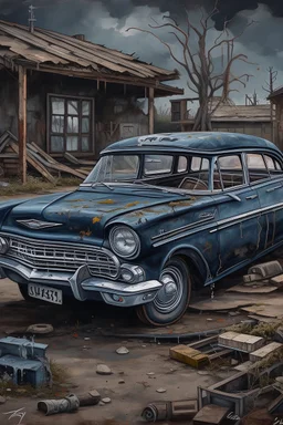 Bosch painting style nightmare , an old abandoned 1960 black ford car