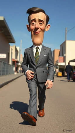 A man with very big head and small body looks like per wee Herman walking