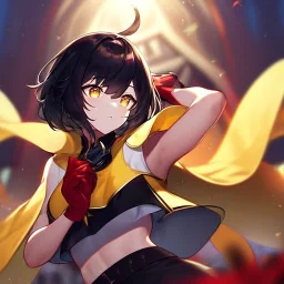 Clear focus,High resolution, Black short fluffy hair, and yellow eyes, wearing a black short skirt, sleeveless crop top, wearing long dark red gloves, yellow cloak