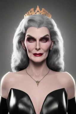 Carmen Dell`orifice as evil queen in black leather gown, angry, busty, curvey, cleavage, unreal 5, octane render,cinema4d, dynamic lighting, dramatic lighting, 4k, redshift render, highly detailed, hyper realistic