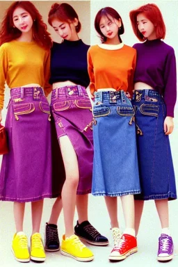 year 1996 denim fashion. Loose skirt, low waist. Colors: denim blue, blue, purple, khaki, light green, lilac, plum, orange, terracotta, red, light yellow, lion yellow, pink, dark blue, beige.