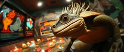 pinhole cam, master oil painting by Rembrandt, good afternoon bitch scary geek gecko dragon turtle with rocker hair, playing pinball