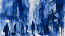 Flowing silhouettes cascade through a vertical composition in deep indigo and gray tones. The watercolor technique creates a sense of movement as figures blend and overlap, suggesting the connected nature of urban life. Negative space defines each form while architectural hints ground the scene in a city setting. The loose, fluid style emphasizes the rhythm of movement and the shared experience of urban dwelling.