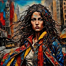 a captivating encaustic and ebru art that portrays a strong, fighter woman confidently navigating the bustling streets of new york city. her wild, brunette flowing hair is adorned with vibrant, colorful rags, and she wears a striking, futuristic outfit composed of rags, trinkets, and a cut-off leather