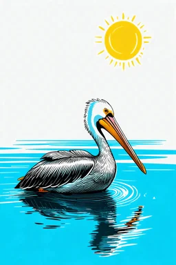 sticker of A serene pelican on a lake on a sunny day, inspired by the art style of Modigliani and Picasso with simple shapes and simple bold outlines, clipart png illustration, white background, charming and cozy drawing, saturated and sparkling colors