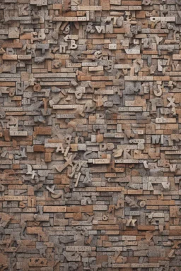 A brick wall made up of words and letters of the English alphabet, Many letters, abstraction. A high-resolution image of 8 K.