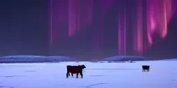 Small lonely cattle farm in a bleak cold land, desolate, snowy, northern lights