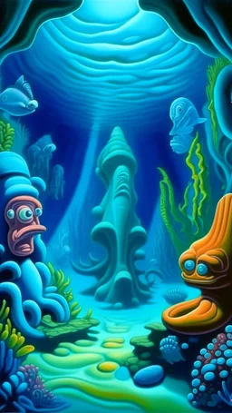 A blue underwater reef with a squid and Hawaiian tikis painted by Thomas Hart Benton