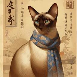 Vintage Japanese art style portrait of a chocolate point Oriental shorthair Siamese cat, inspired by Ukiyo-e prints, elegant smooth fur with soft white highlights, intricate chocolate and muted tan patterns within the fur, deep [COLOR], bold blue scarf around neck, aged beige background with traditional [COLOR] and black calligraphy, delicate brush textures, muted earthy palette, subtle antique atmosphere." "Sho Hotei" 寿 ホテイ (Jū Hotei) in Japanese.