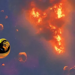 Retro futuristic planet with a golden rings fly over the burning in fire ground