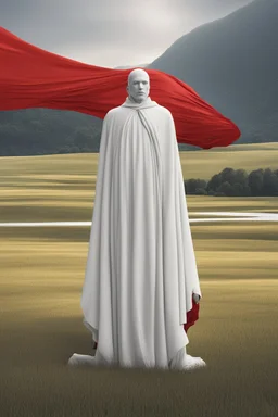 Giant massive huge in stature, majestic entity, hovering and floating over a large field landscape. the entity wears a white and red draped fabric that has printed on the material resembling stars. the fabric has also technological elements. you can see how big it is compared to a tiny human standing in front of it