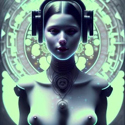 A beautiful portrait of a cute cyberpunk woman happy smiling, alphonse mucha & HR Gigger style, grain on the skin, tribal tatoos, high key lighting, volumetric light high details, full length clean art NFT, soft lighting, soft pastel gradients, high definition, blender 3d cinematic, op art, visionary art, sacred geometry, fractal, white balanced, lot's of grain on her skin, lot's of details in the background