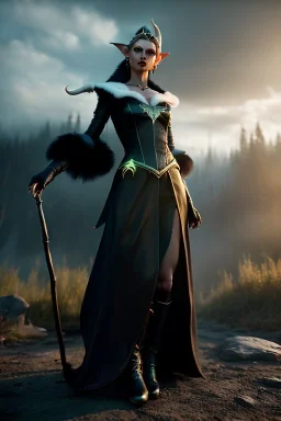 Cursed elf priestess with beautiful face, full body, running makeup, yellow eyes, full black sclera, dark mist around her, black fur robes, pale skin, dark smoke, photorealism, octane render, frostbite, 8k, cinematic, 35mm